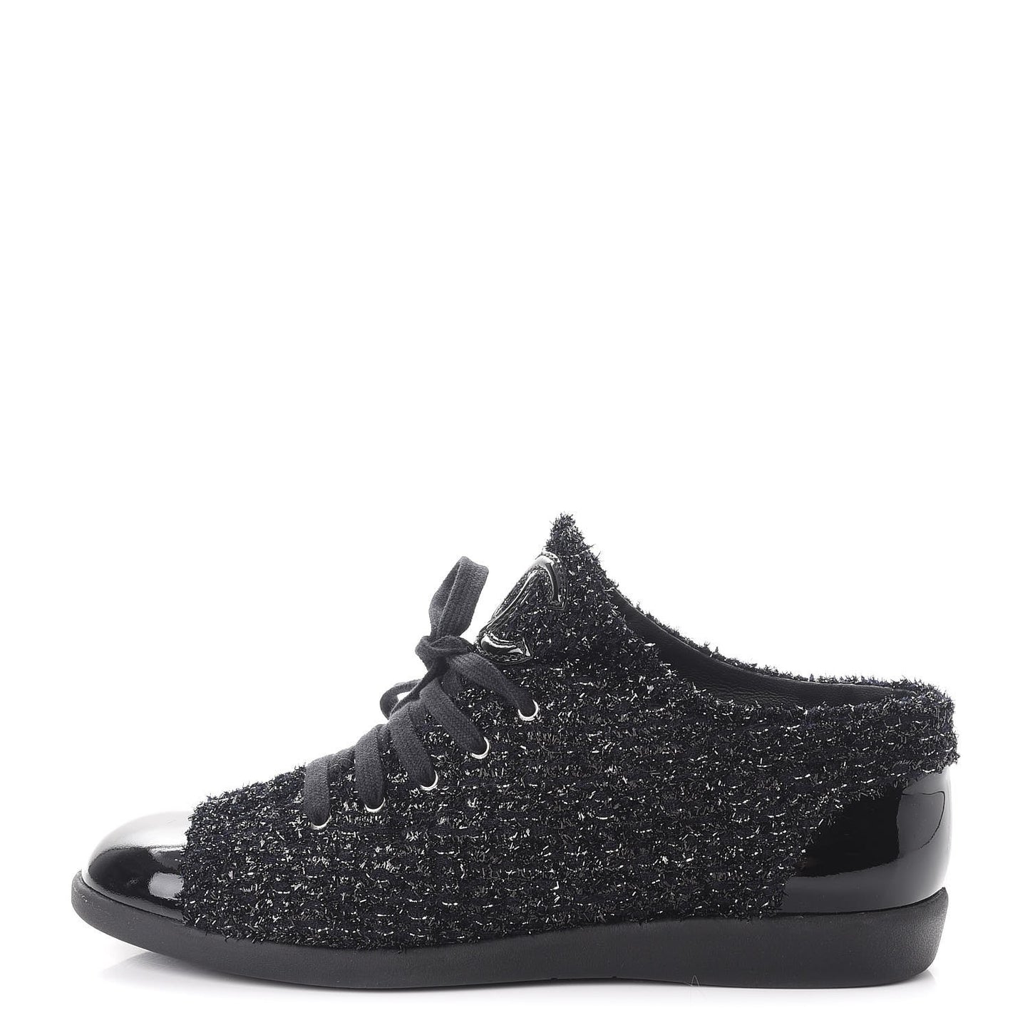 Lurex Tweed Patent Lace Up Sneakers 41 Dark Navy Blue