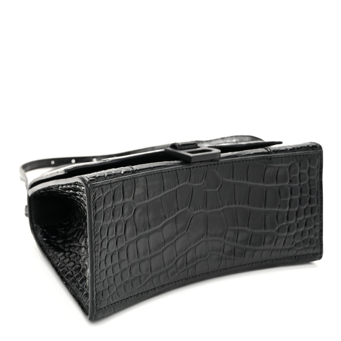 Shiny Calfskin Monochrome Crocodile Embossed Small Hourglass Top Handle Bag Black