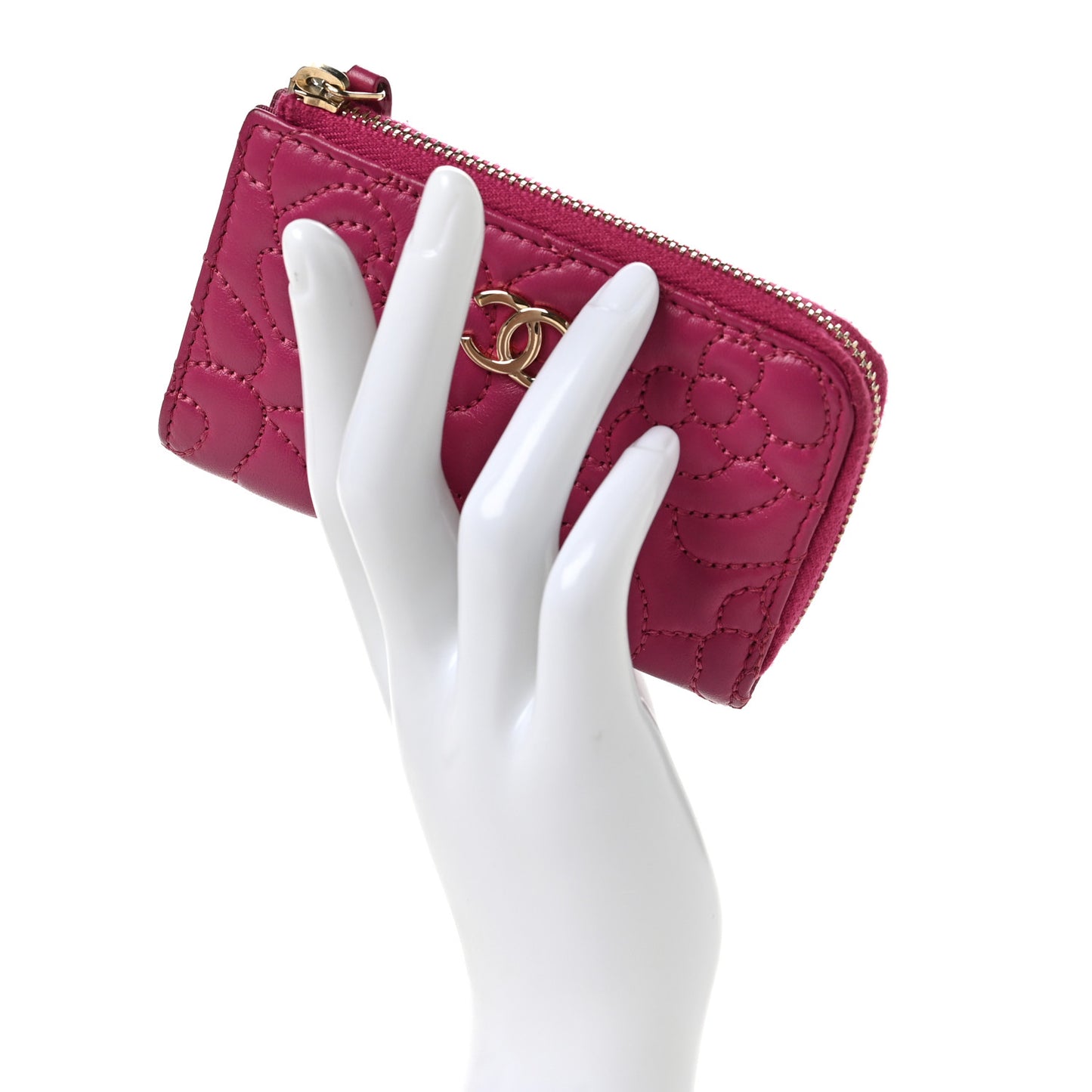 Lambskin Camellia Embossed Key Holder Case Fuchsia