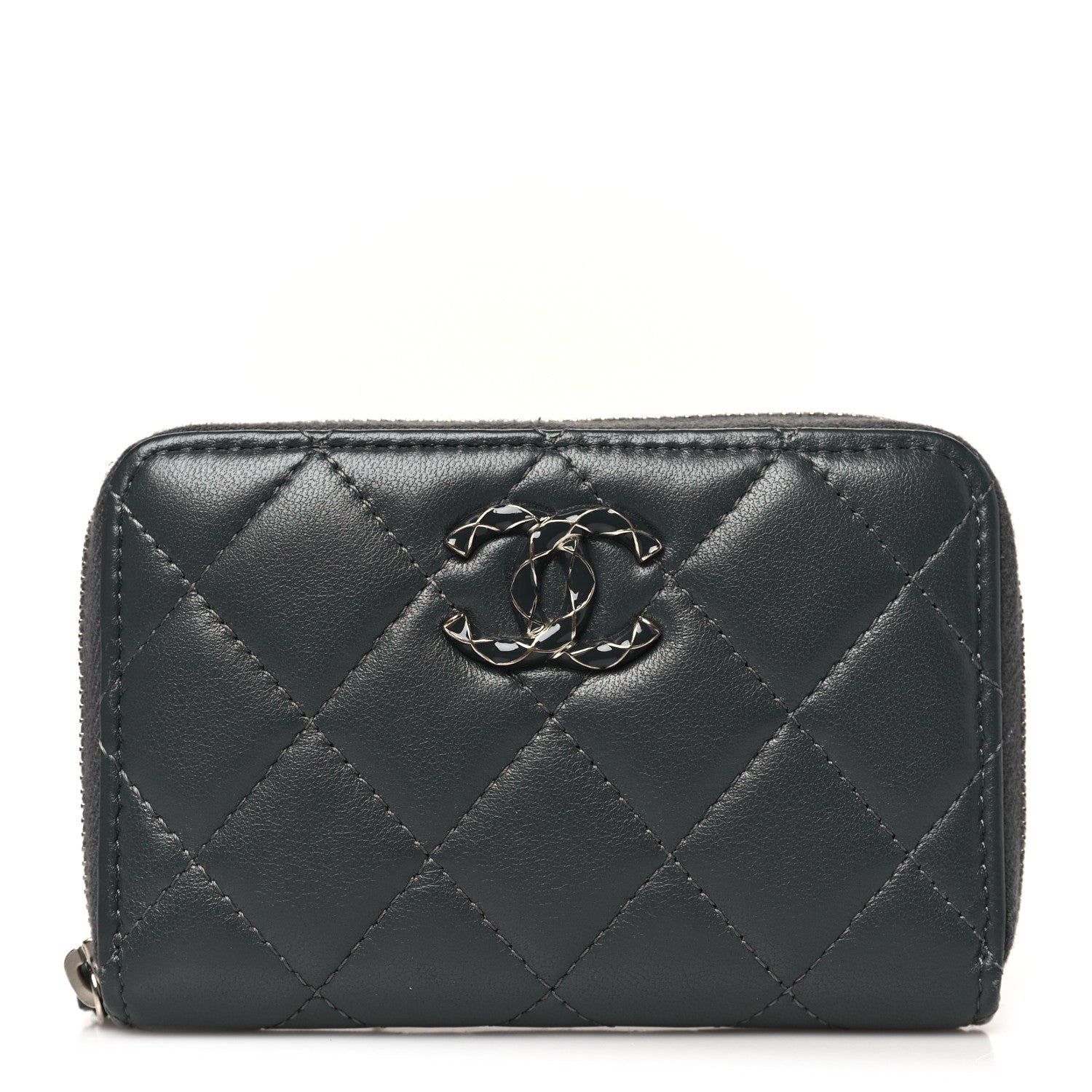 Chanel Lambskin Enamel Quilted Zip Around Coin Purse Wallet Grey 1 of 9