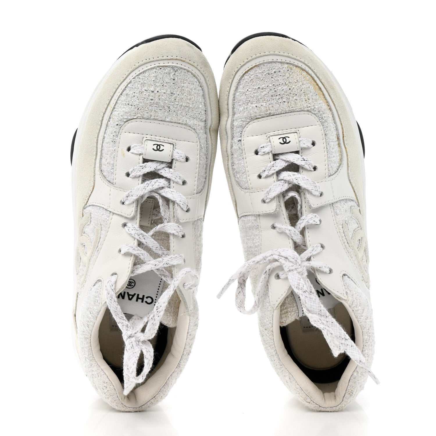 Chanel Painted Iridescent Cotton Tweed Suede Womens CC Sneakers 39 White Silver Multicolor 2 of 16