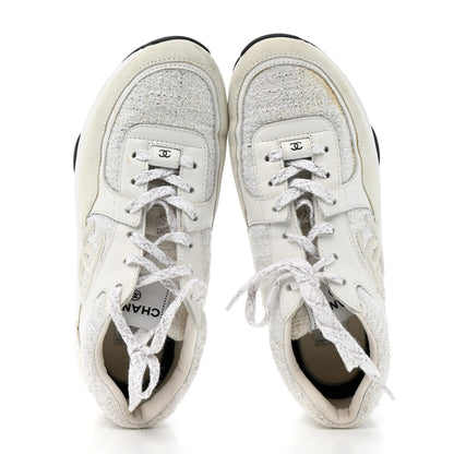 Chanel Painted Iridescent Cotton Tweed Suede Womens CC Sneakers 39 White Silver Multicolor 2 of 16