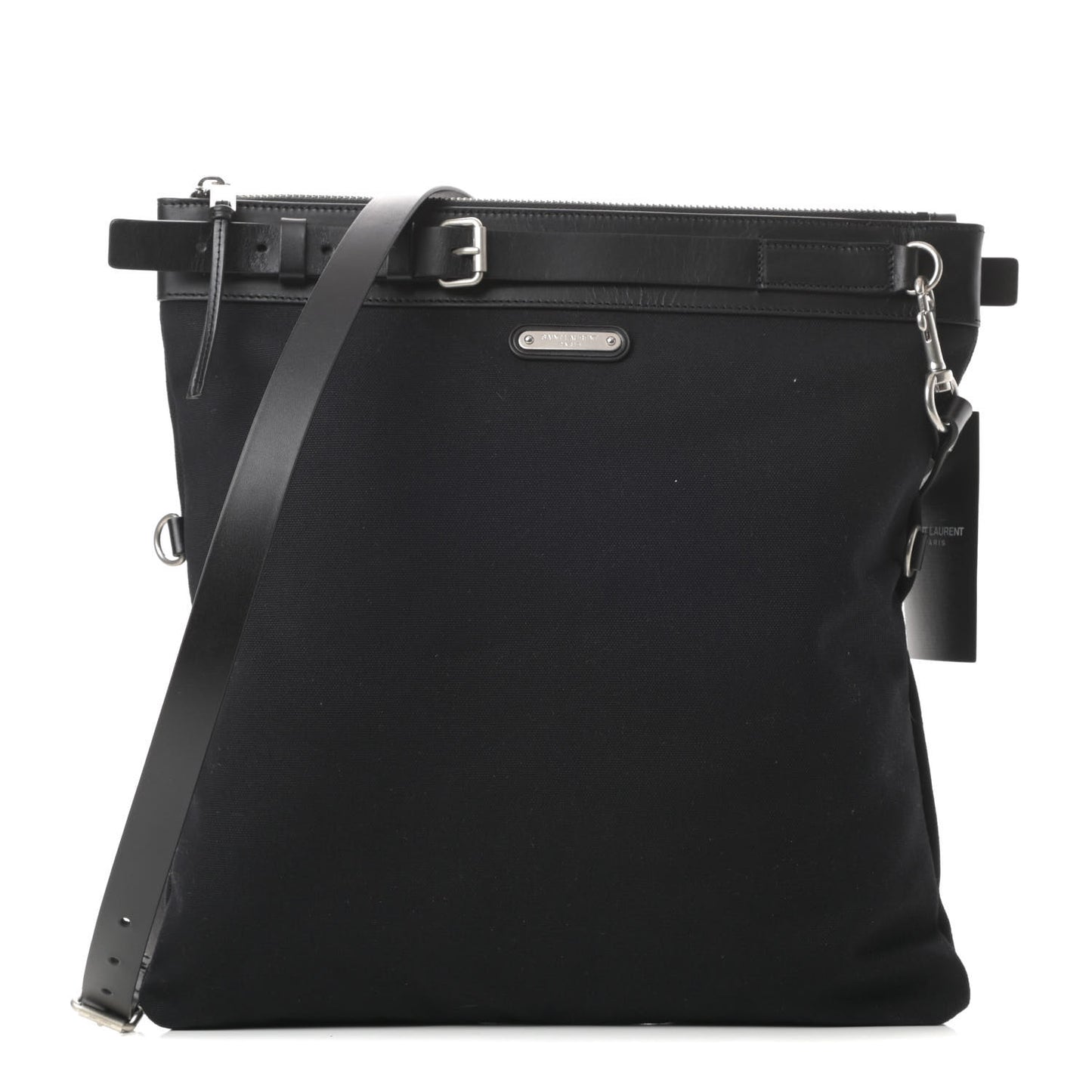 Canvas Calfskin Belted Flat Messenger Bag Black