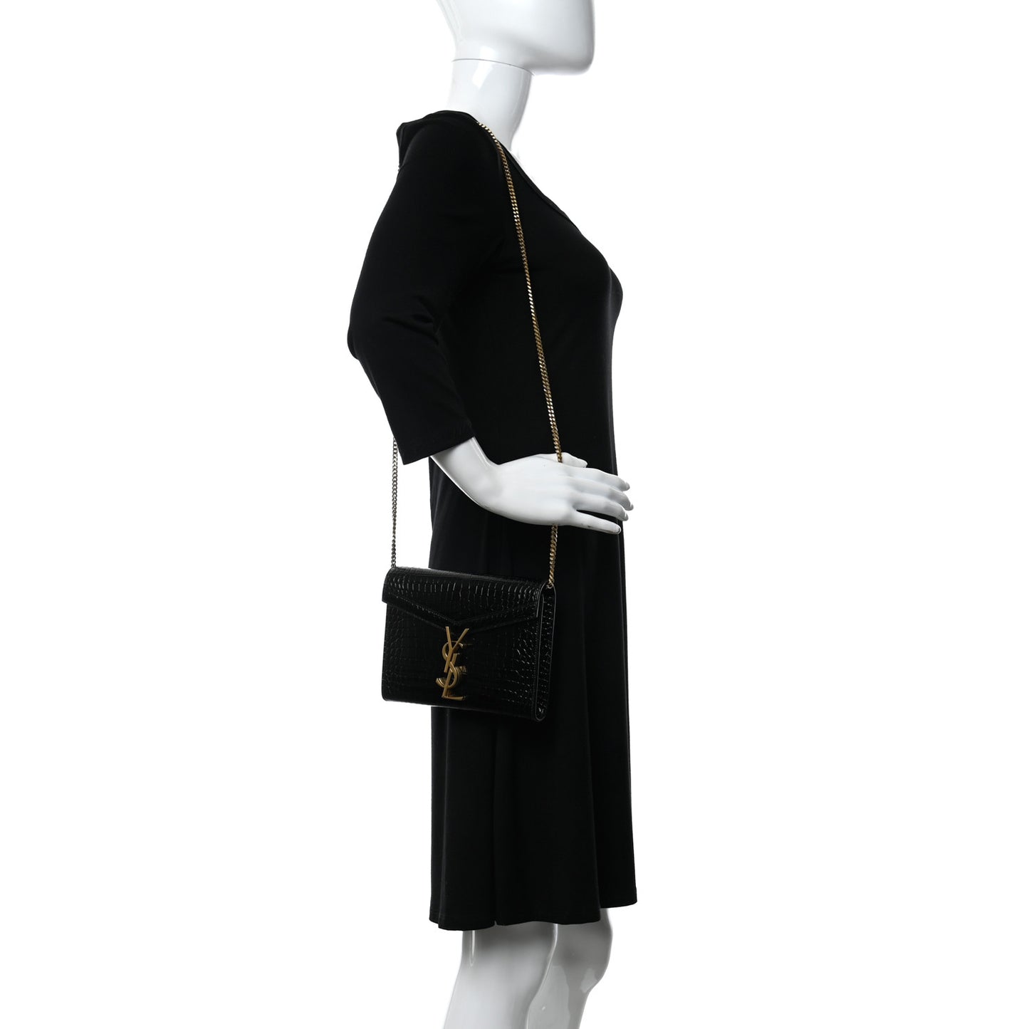 Calfskin Crocodile Embossed Monogram Cassandra Chain Wallet Black