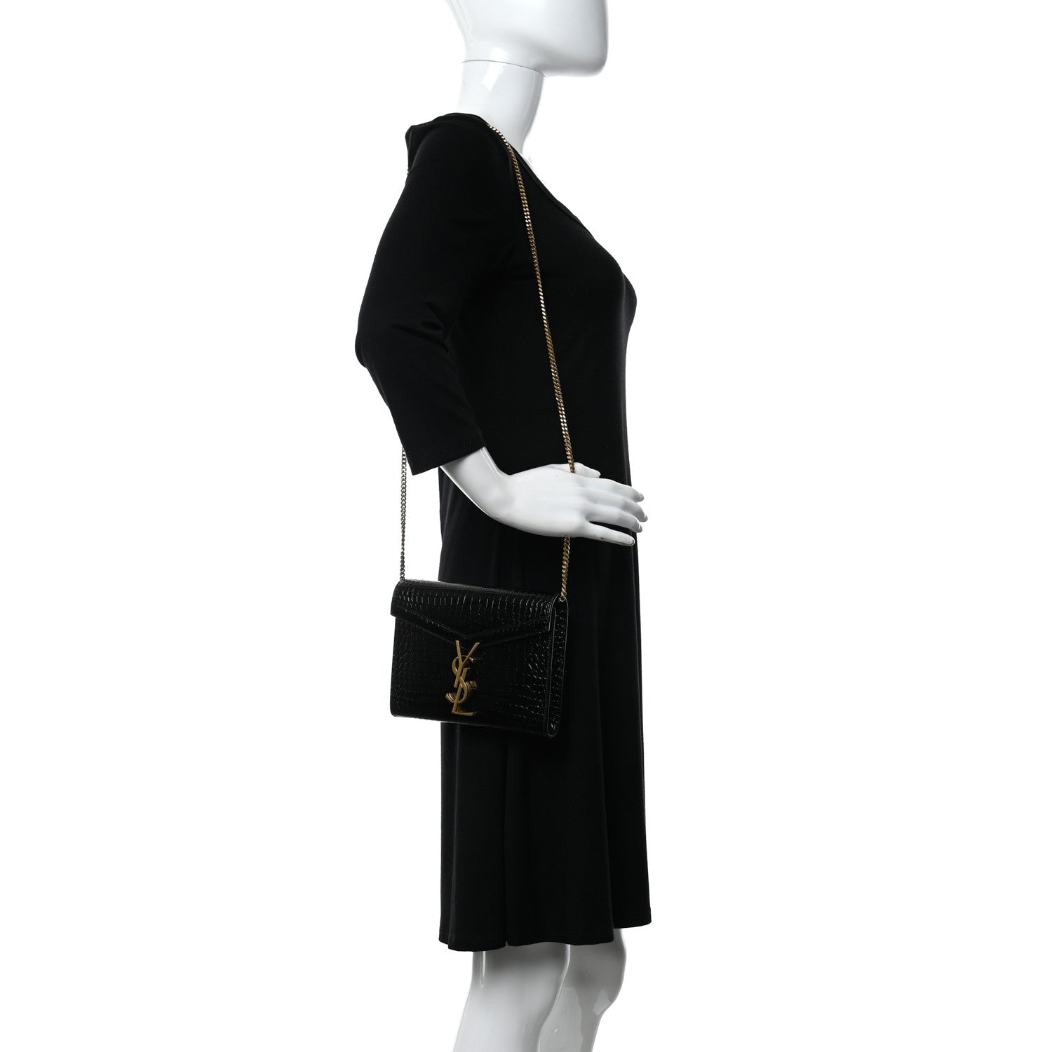 Saint Laurent Calfskin Crocodile Embossed Monogram Cassandra Chain Wallet Black 2 of 10