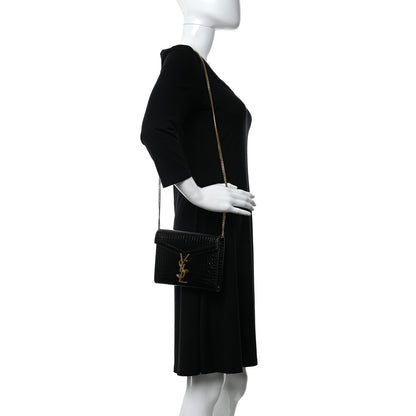 Saint Laurent Calfskin Crocodile Embossed Monogram Cassandra Chain Wallet Black 2 of 10