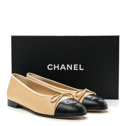 Chanel Lambskin Cap Toe Ballerina Flats 37 Beige Black 9 of 9