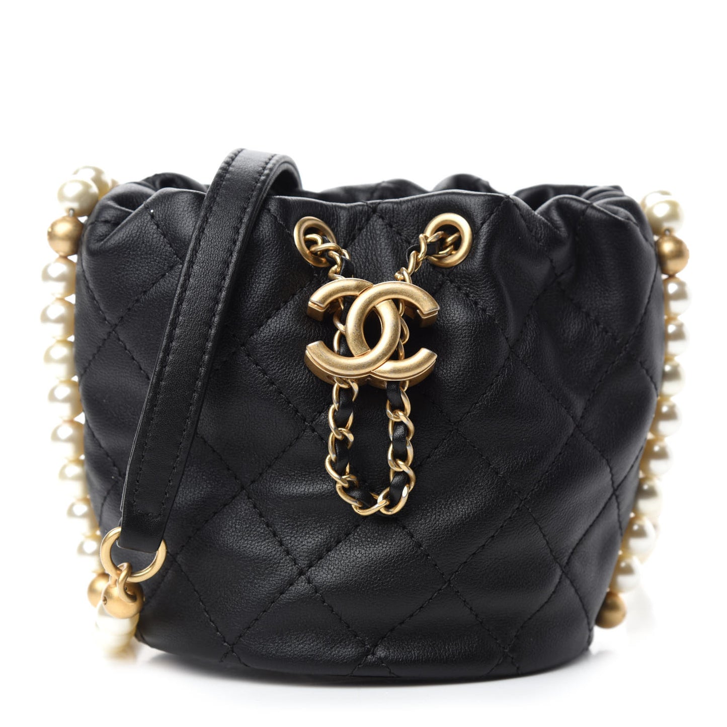 Calfskin Quilted Pearl Mini About Pearls Drawstring Bucket Bag Black