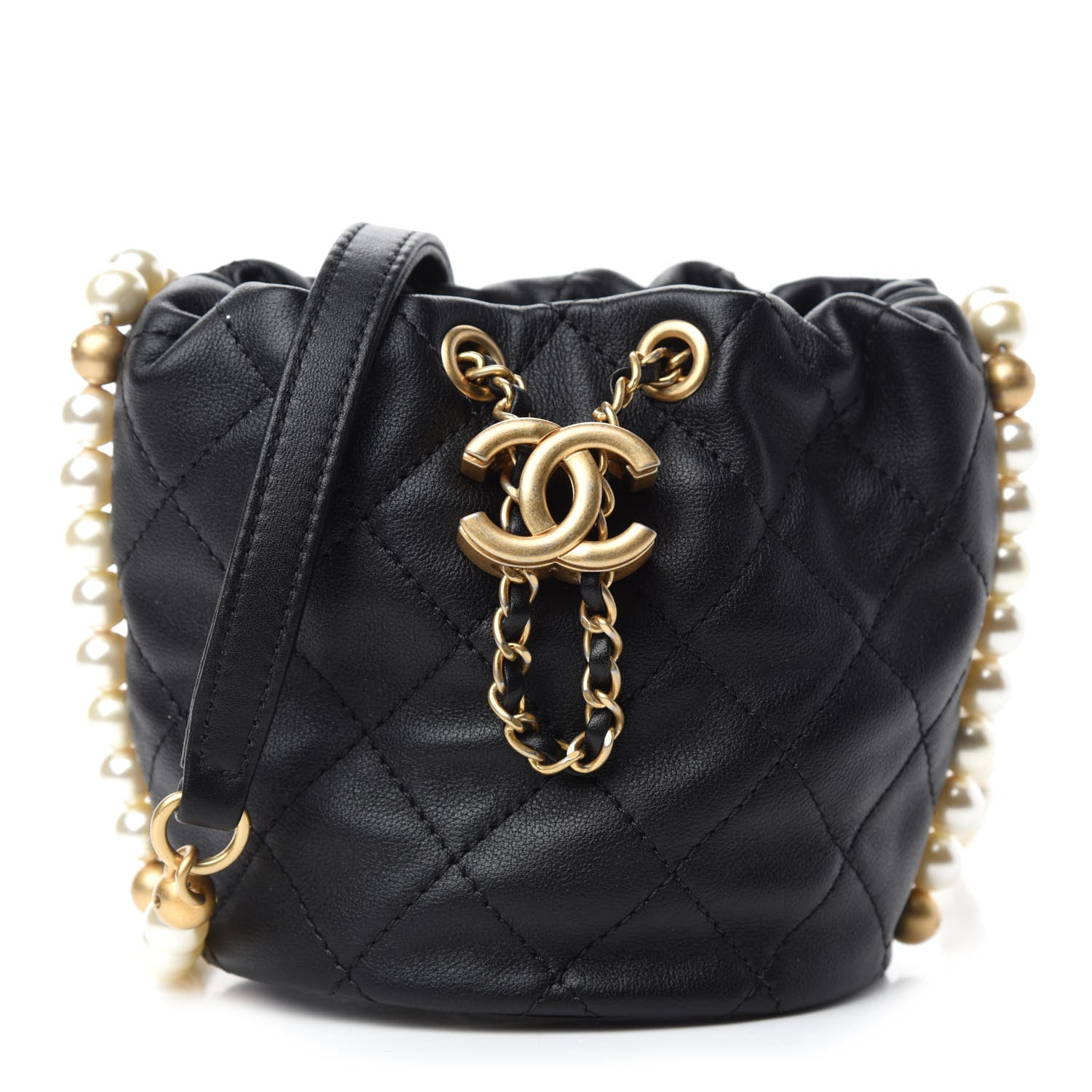 Chanel Calfskin Quilted Pearl Mini About Pearls Drawstring Bucket Bag Black 1 of 11