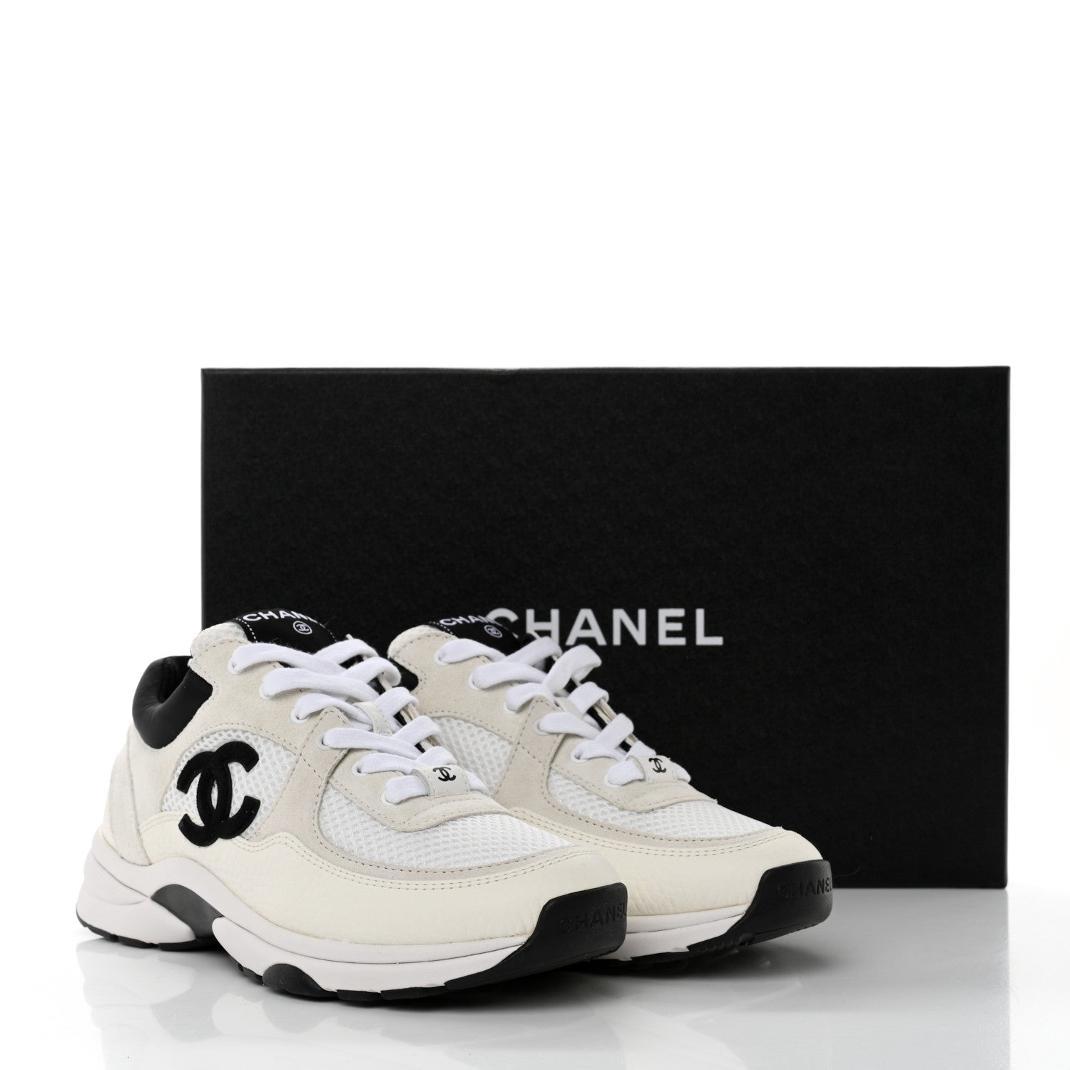 Chanel Mesh Suede Calfskin Grained Calfskin Womens CC Sneakers 36 White Black 9 of 9
