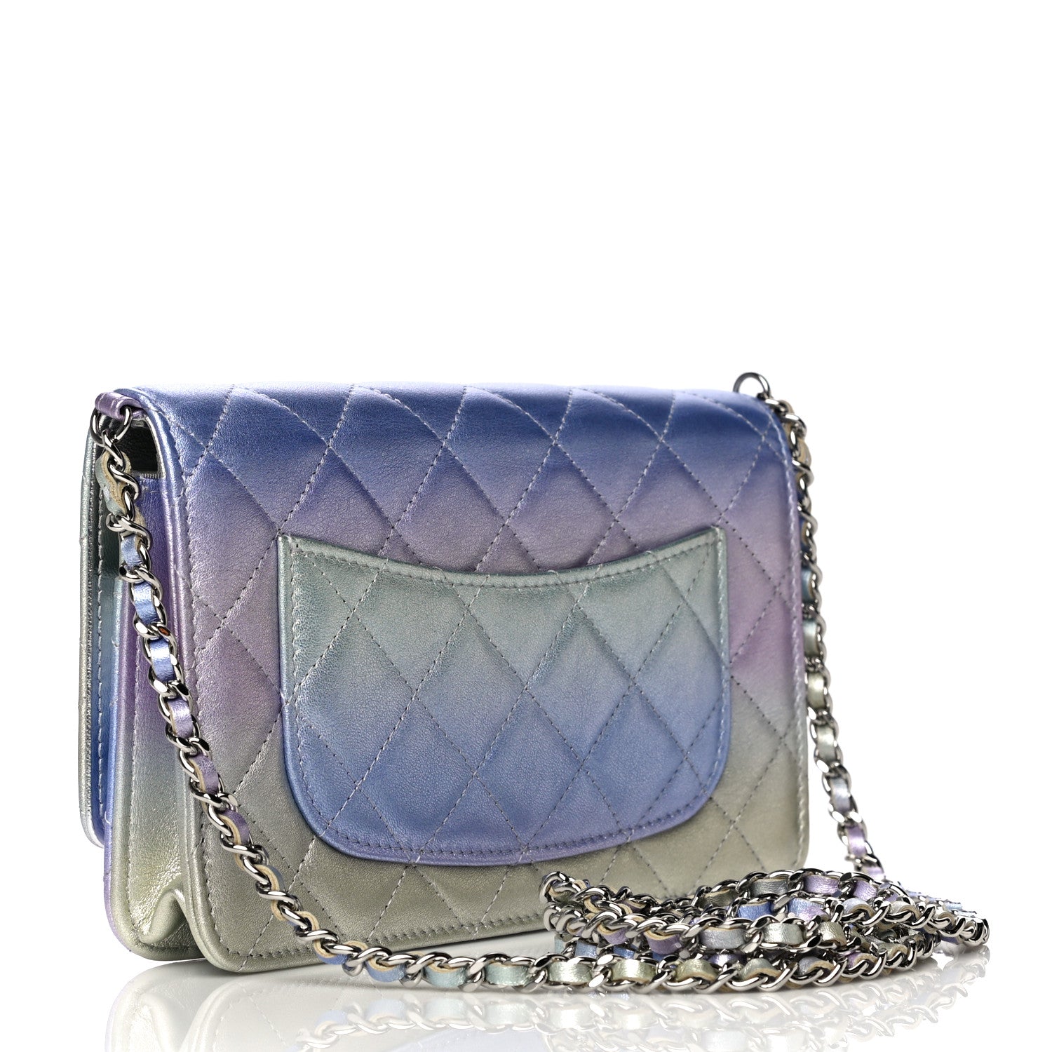 Chanel Gradient Metallic Calfskin Quilted Wallet On Chain WOC Silver Blue Yellow Purple 3 of 13