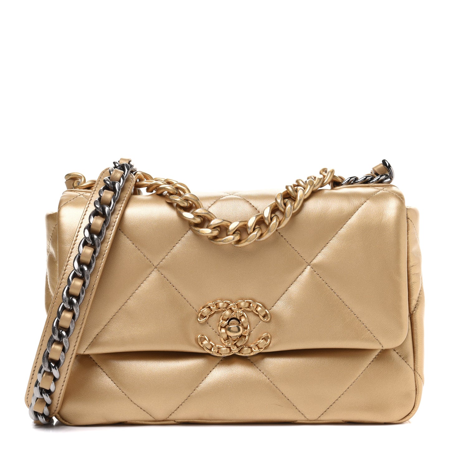 Metallic Goatskin Quilted Medium Chanel 19 Flap Gold