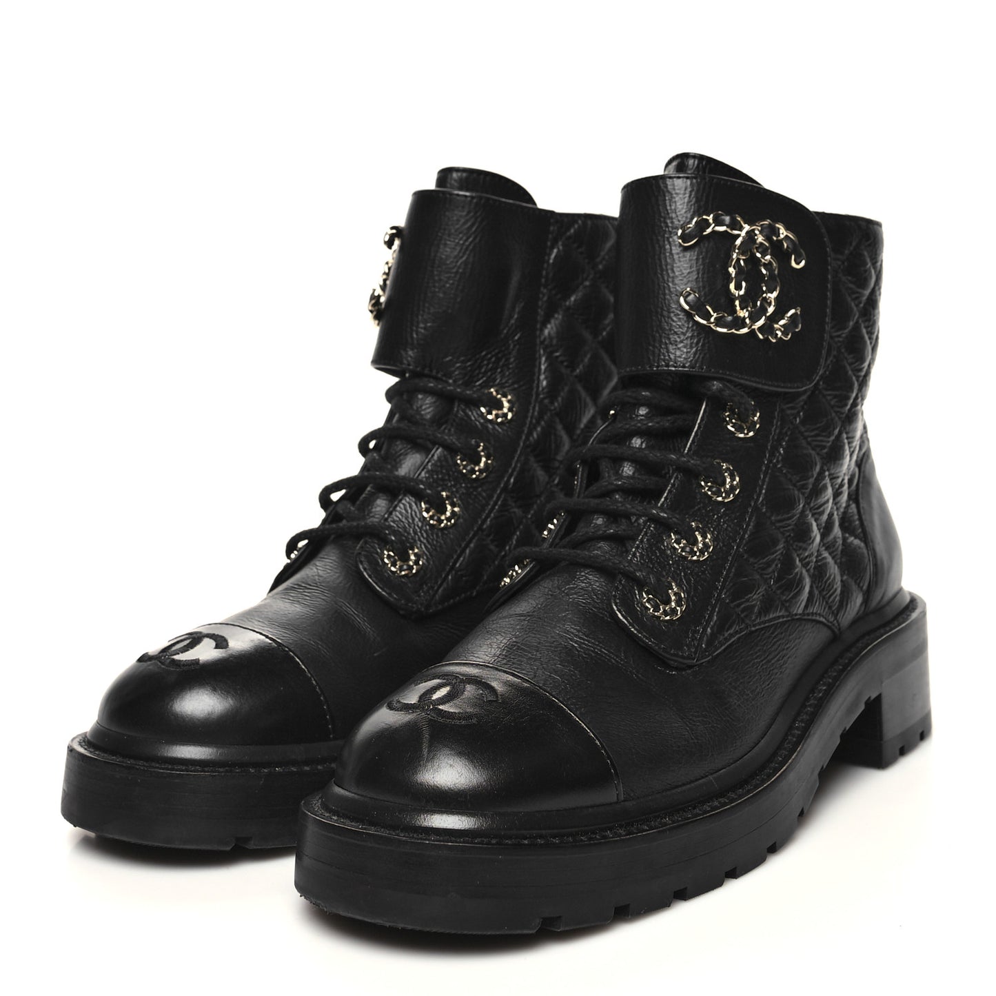Shiny Calfskin Quilted Lace Up Combat Boots 39 Black