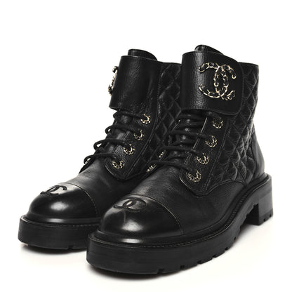 Chanel Shiny Calfskin Quilted Lace Up Combat Boots 39 Black 3 of 9