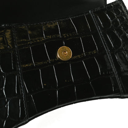 Balenciaga Shiny Calfskin Crocodile Embossed Hourglass Top Handle Bag XS Black 11 of 13
