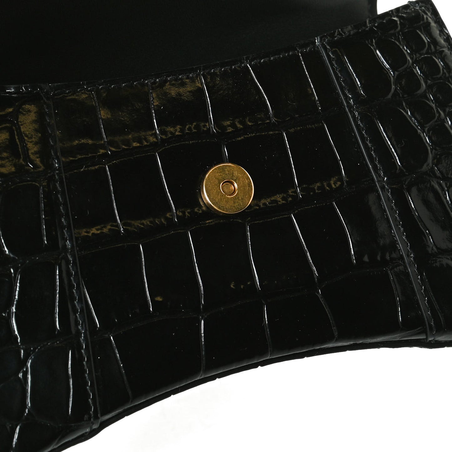 Shiny Calfskin Crocodile Embossed Hourglass Top Handle Bag XS Black