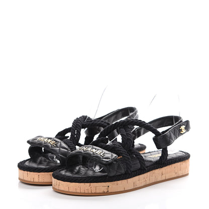 Chanel Cord Lambskin Quilted Logo Sandals 41 Black 3 of 10