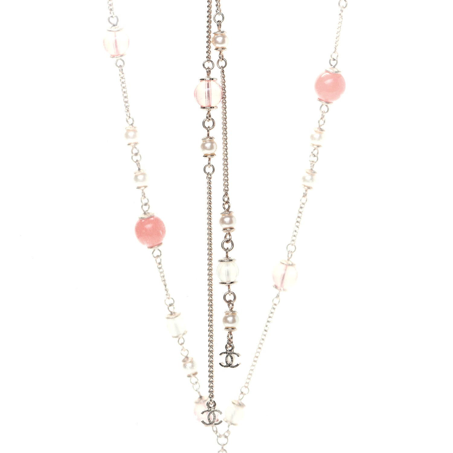 Chanel Beaded Pearl Crystal CC Long Necklace Gold Coral 4 of 7