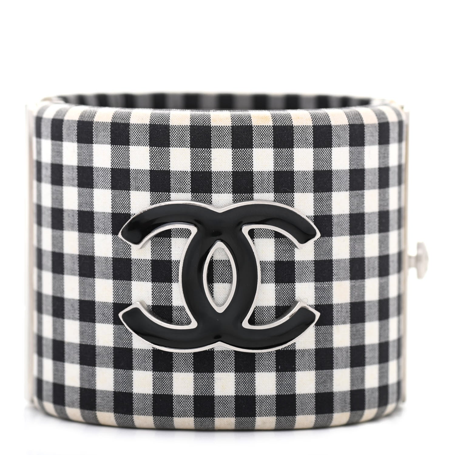 Chanel Fabric Metal Enamel Gingham CC Cuff Black White 1 of 9