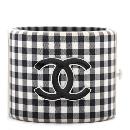 Chanel Fabric Metal Enamel Gingham CC Cuff Black White 1 of 9