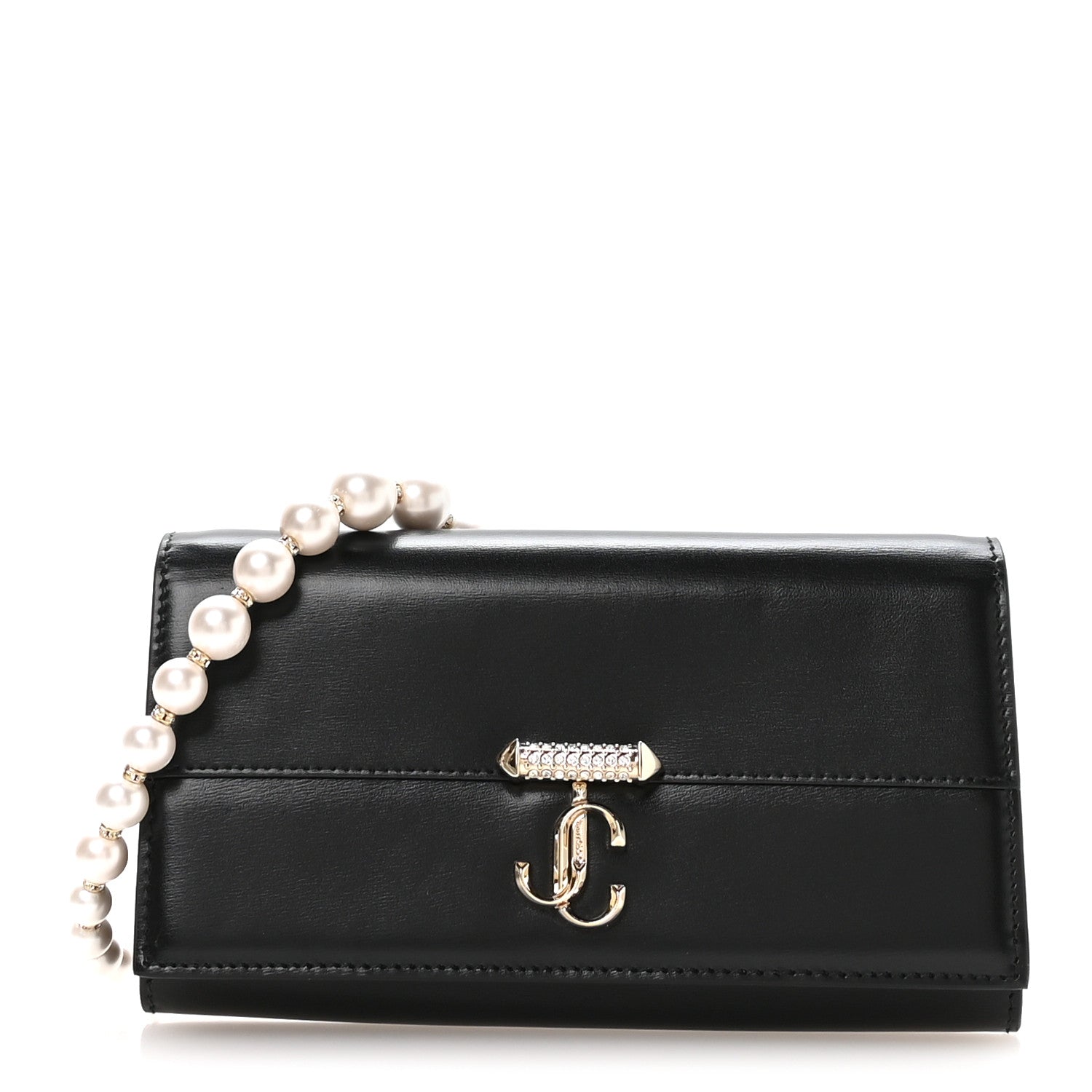 Jimmy Choo Box Calfskin Varenne Pearl Avenue Chain Clutch Black