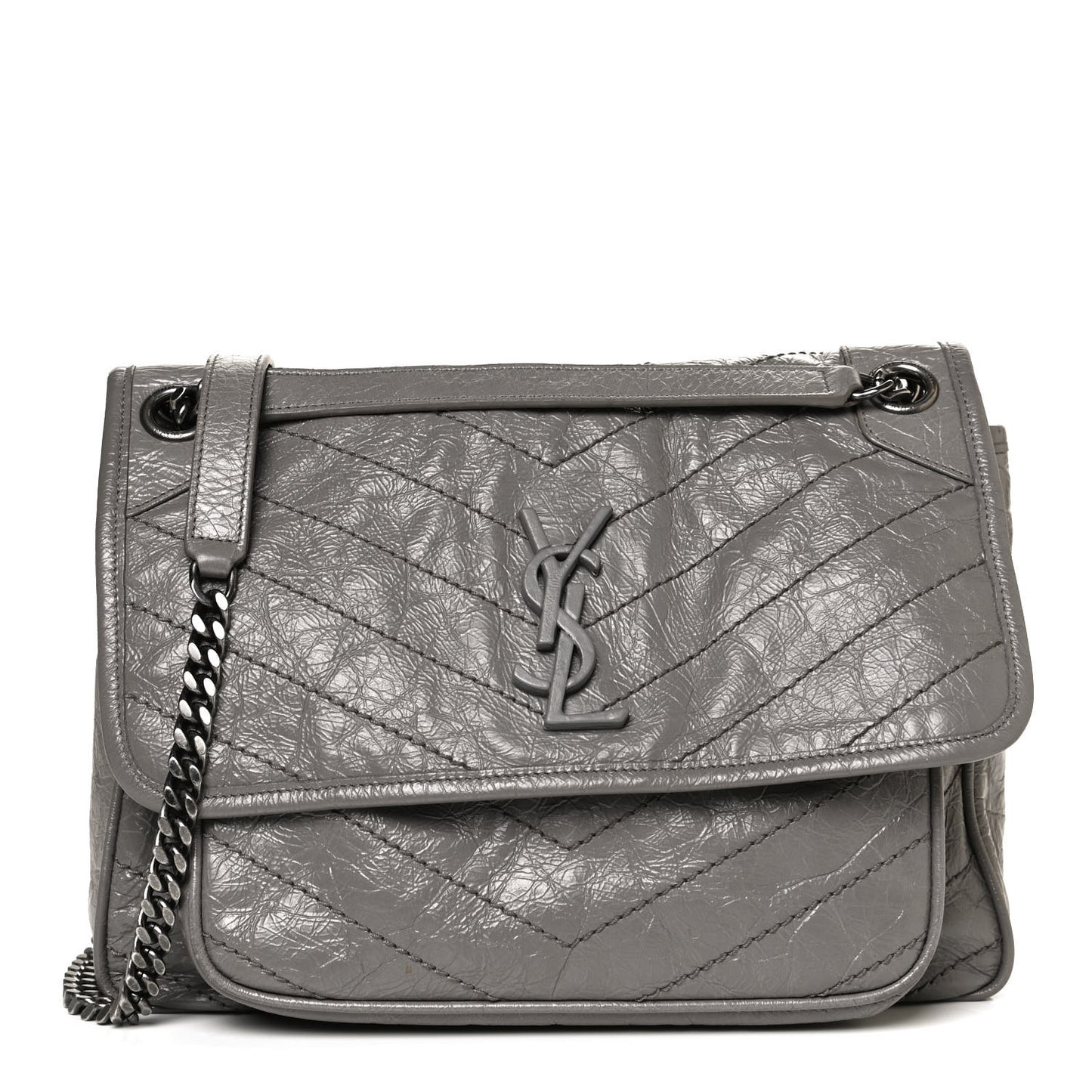 Crinkled Calfskin Matelasse Monogram Medium Niki Chain Satchel Fog