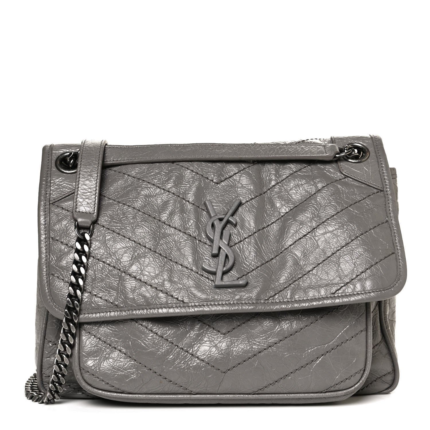 Saint Laurent Crinkled Calfskin Matelasse Monogram Medium Niki Chain Satchel Fog 1 of 10