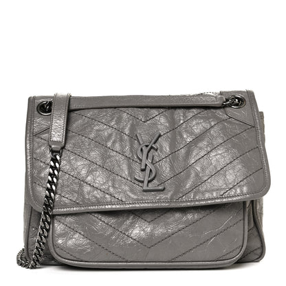 Saint Laurent Crinkled Calfskin Matelasse Monogram Medium Niki Chain Satchel Fog 1 of 10