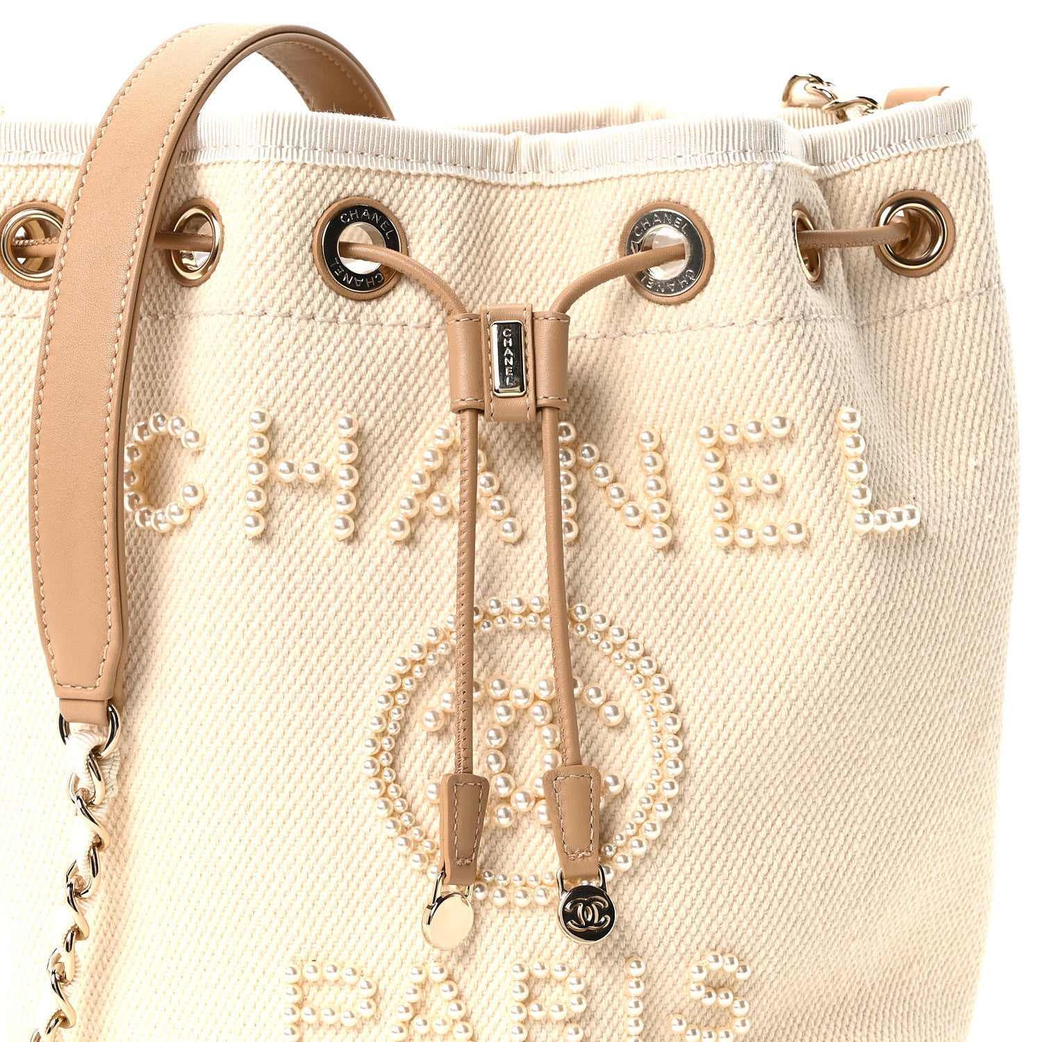 Chanel Canvas Pearl Deauville Drawstring Bucket Bag Ecru Beige 8 of 10