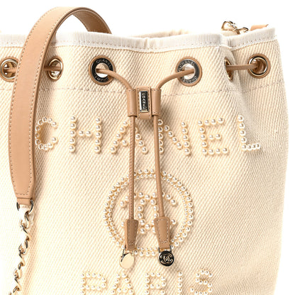 Chanel Canvas Pearl Deauville Drawstring Bucket Bag Ecru Beige 8 of 10