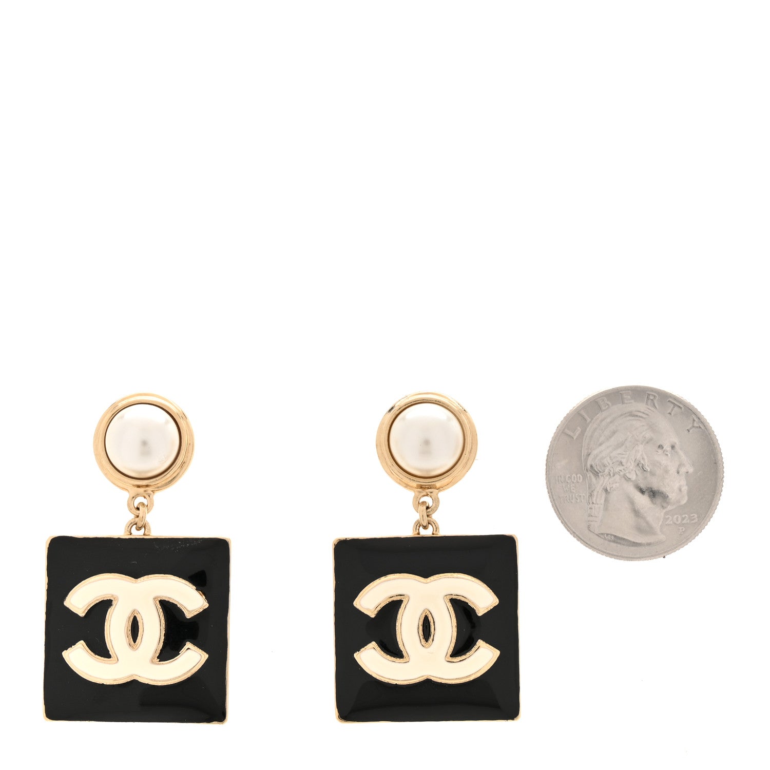Chanel Metal Resin Pearl CC Drop Earrings Gold Black White 2 of 6