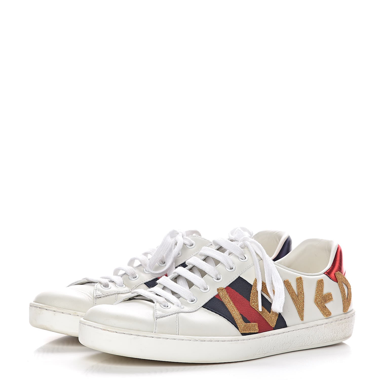 Gucci Calfskin Nappa Web LOVED Embroidered Mens Ace Sneakers 9 White Red Flame Notte 3 of 14