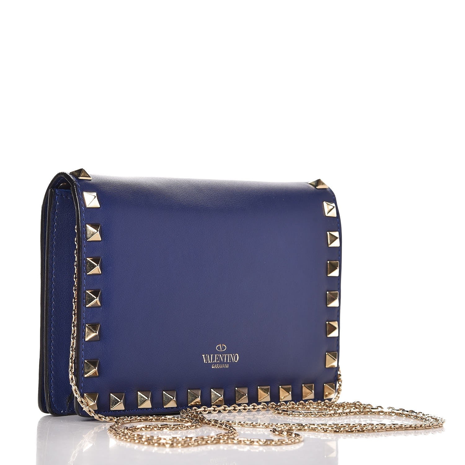 Valentino Garavani Vitello Rockstud Wallet on Chain Blue 3 of 6