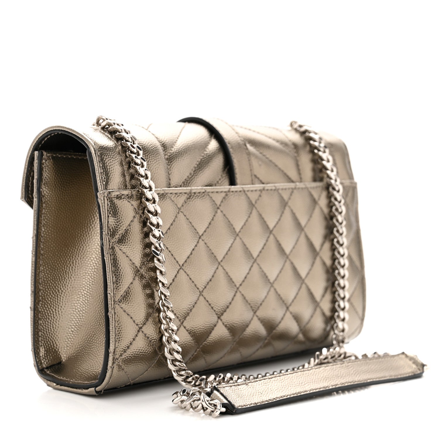 Saint Laurent Metallic Grain De Poudre Textured Mixed Matelasse Triquilt Small Monogram Satchel Piombo 3 of 9