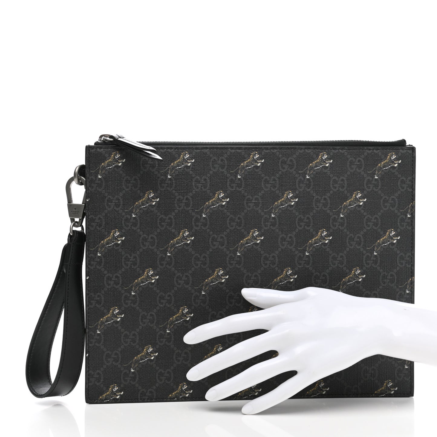 GG Supreme Monogram Tigers Zip Wristlet Pouch Black