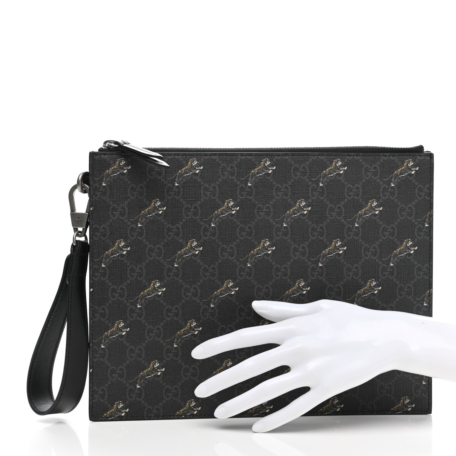 Gucci GG Supreme Monogram Tigers Zip Wristlet Pouch Black 2 of 8