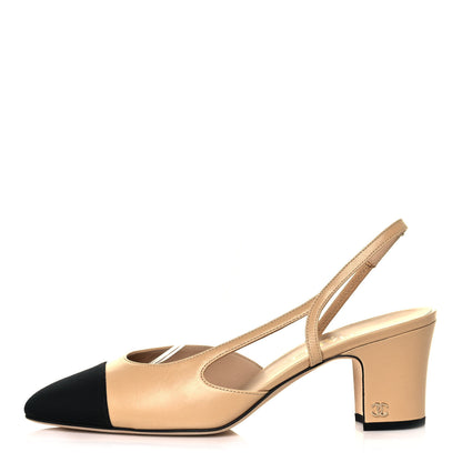 Chanel Goatskin Grosgrain Cap Toe CC Slingback Pumps 40 Beige Black 1 of 8