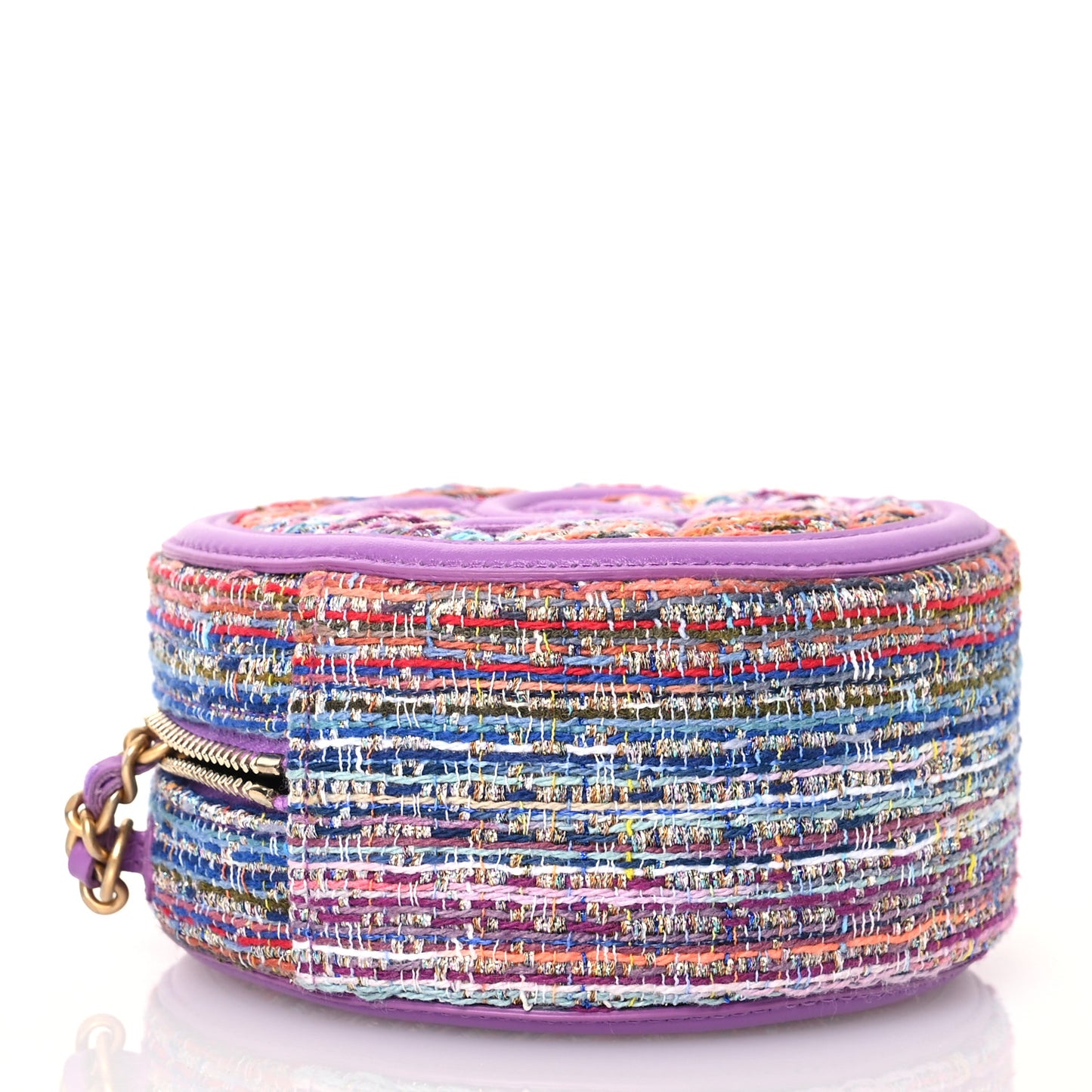 Tweed Quilted Round Filigree Clutch With Chain Purple Multicolor