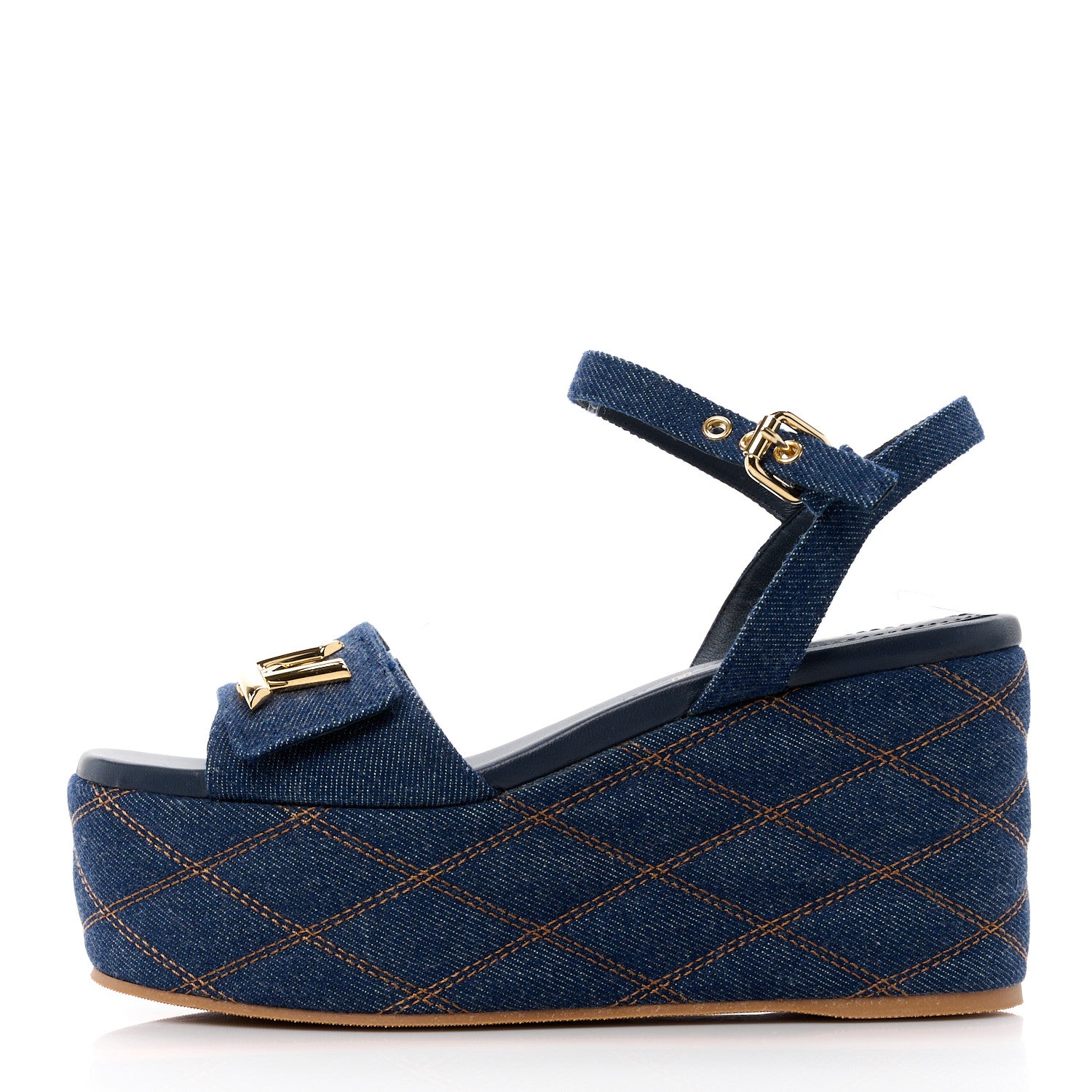 Louis Vuitton Denim Quilted Shake Flatform Sandals 37.5 Dark Blue 1 of 8