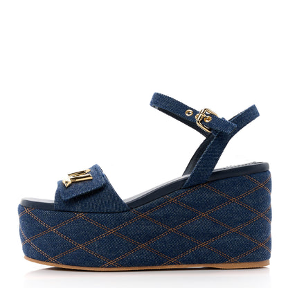 Louis Vuitton Denim Quilted Shake Flatform Sandals 37.5 Dark Blue 1 of 8