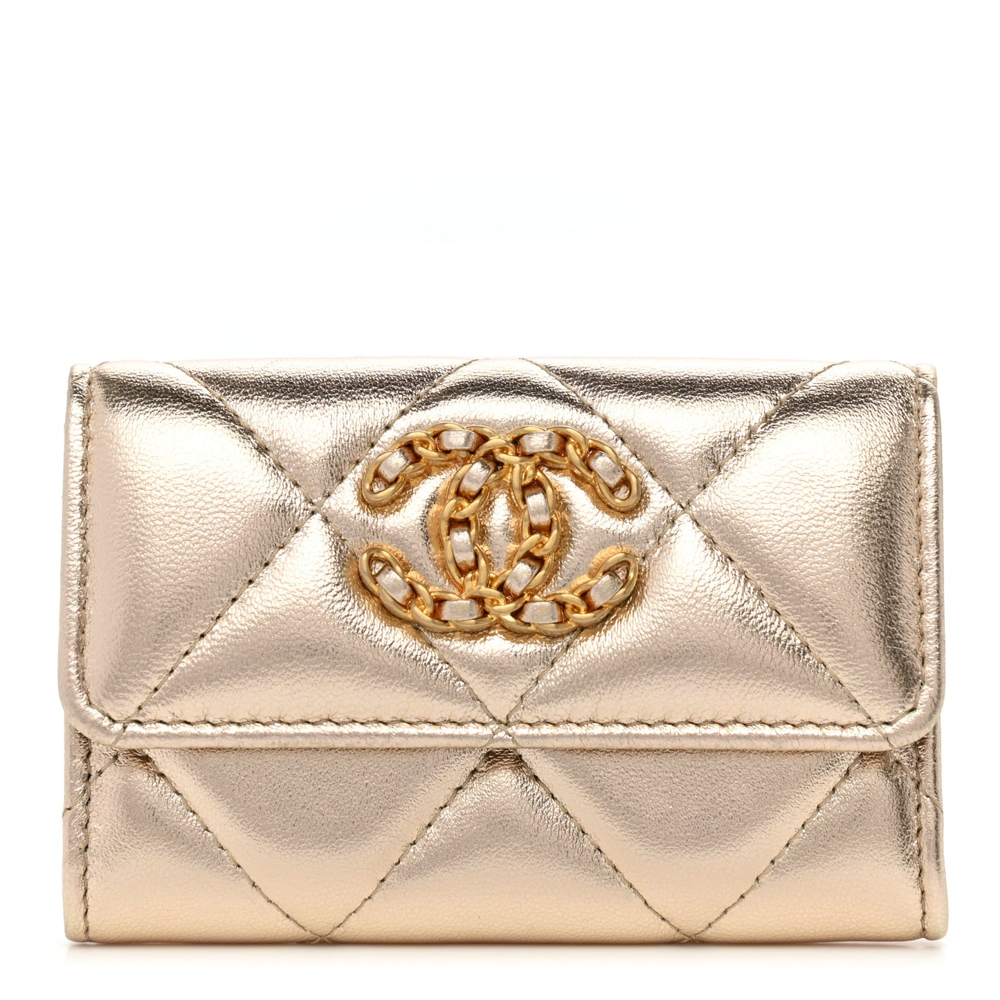 Metallic Goatskin Quilted Chanel 19 Flap Card Holder Gold