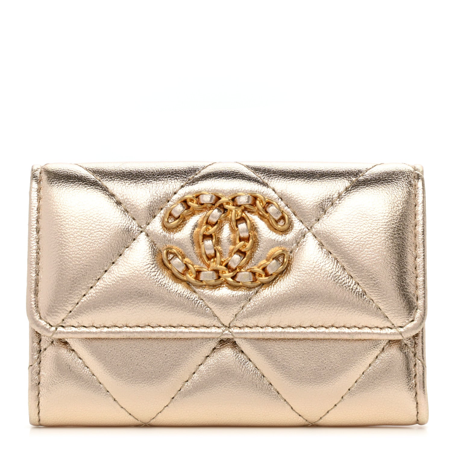 Chanel Metallic Goatskin Quilted Chanel 19 Flap Card Holder Gold 1 of 8
