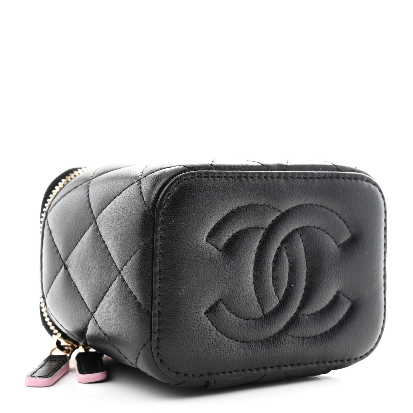 Lambskin Quilted Top Handle Mini Vanity Case With Chain Black Pink