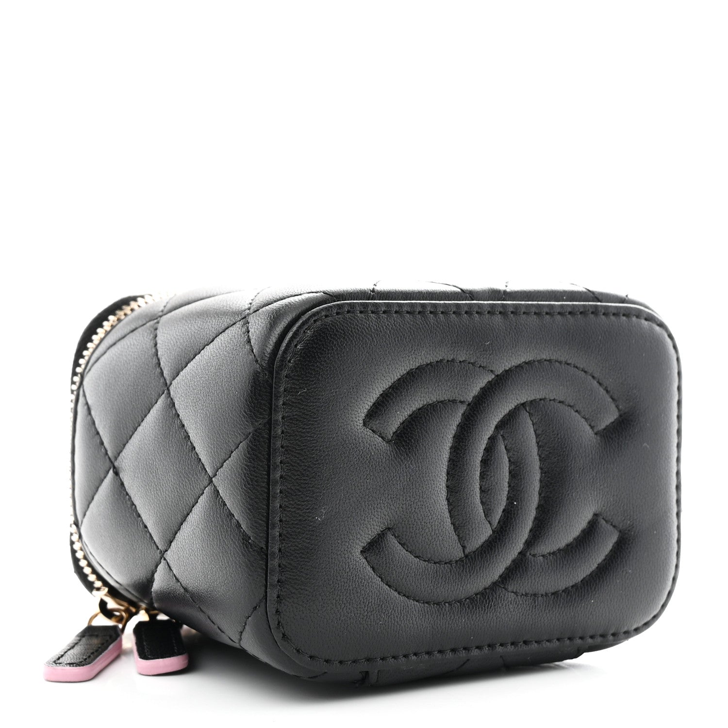 Chanel Lambskin Quilted Top Handle Mini Vanity Case With Chain Black Pink 4 of 10