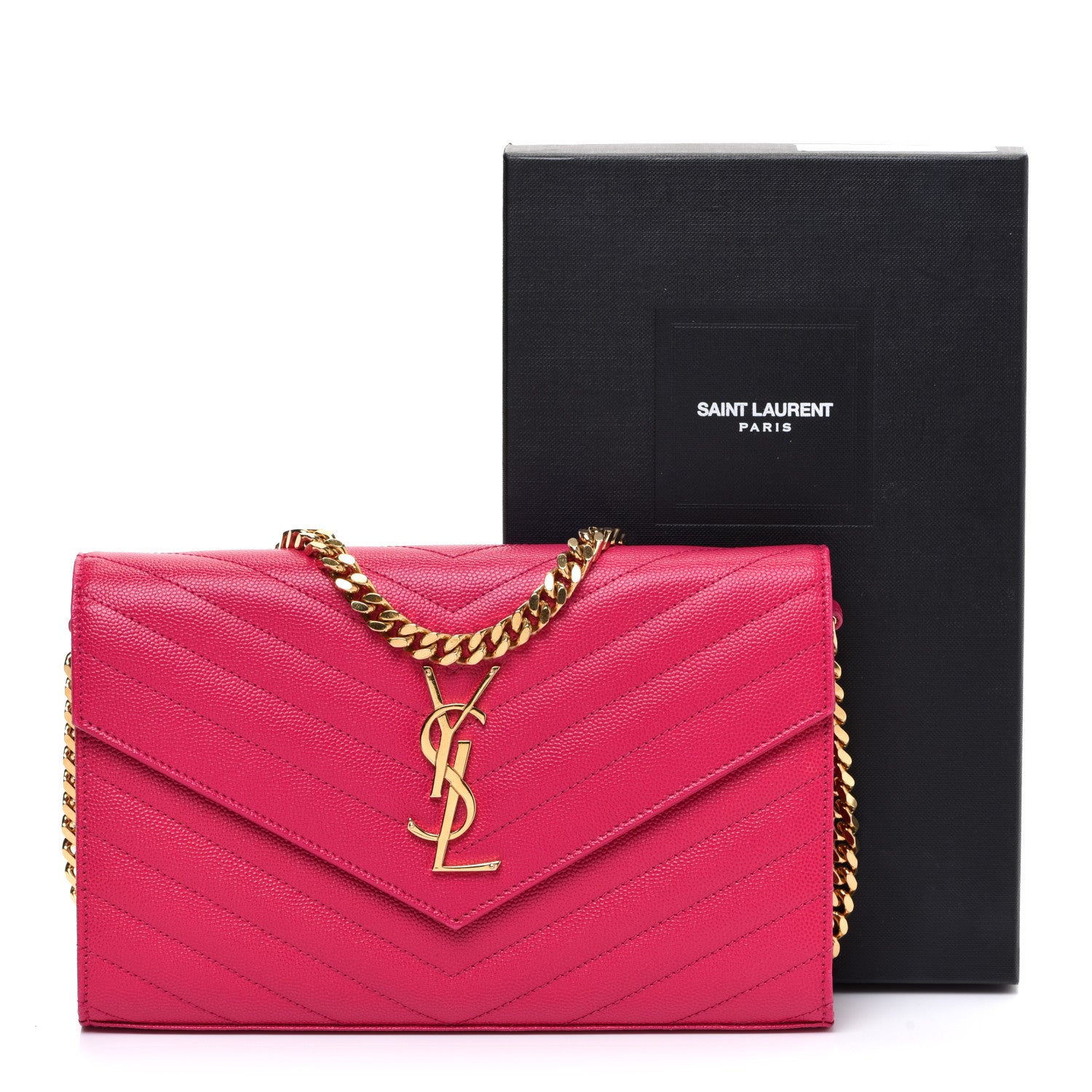Saint Laurent Grain De Poudre Matelasse Chevron Monogram Chain Wallet Lipstick Fuchsia 12 of 12