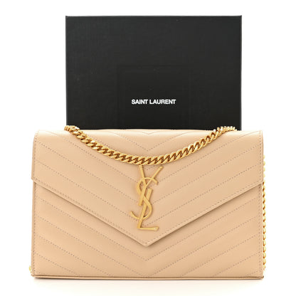 Saint Laurent Grain De Poudre Matelasse Chevron Monogram Chain Wallet Light Beige 13 of 13