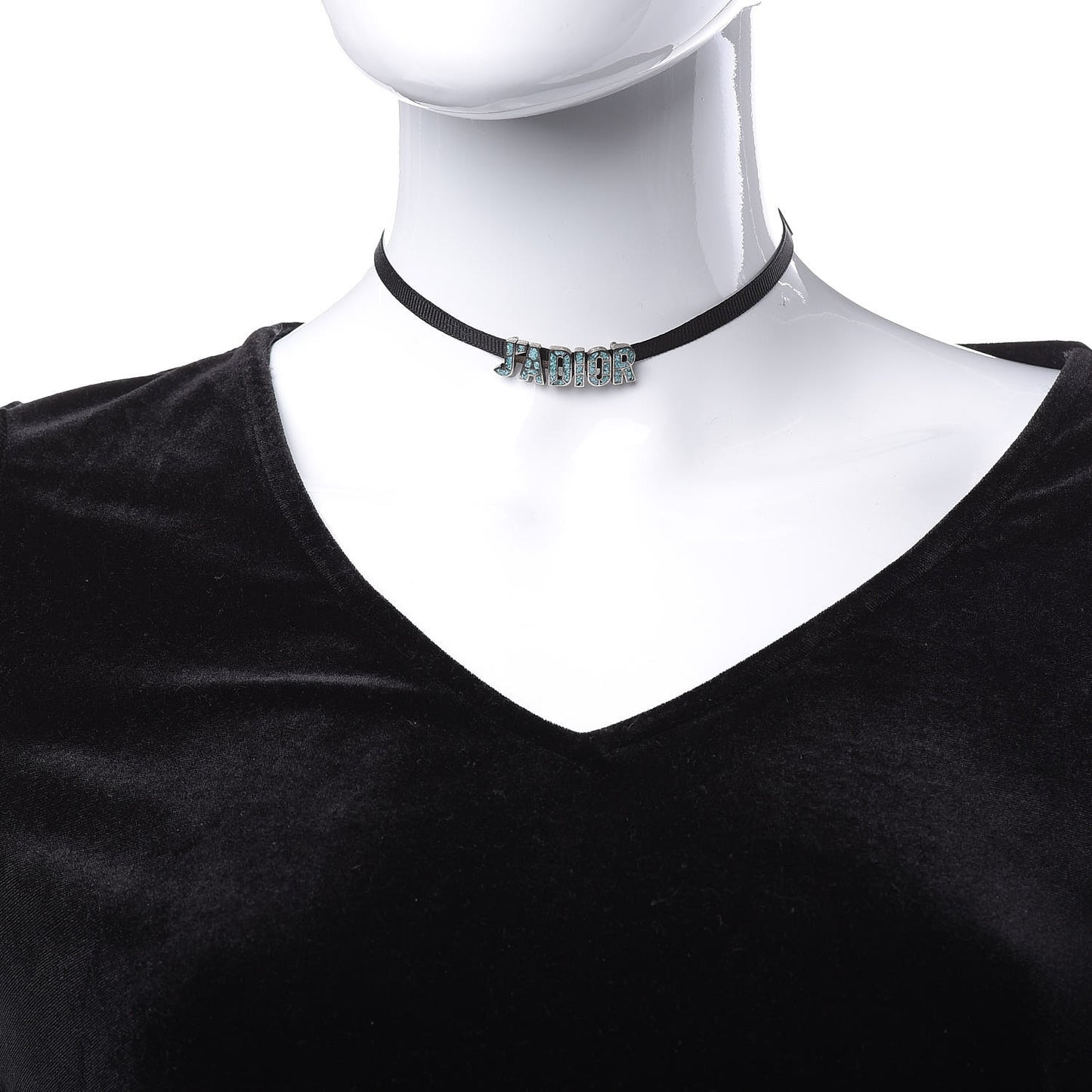 Grosgrain Ribbon Crystal J'Adior Logo Choker Necklace Black Turquoise