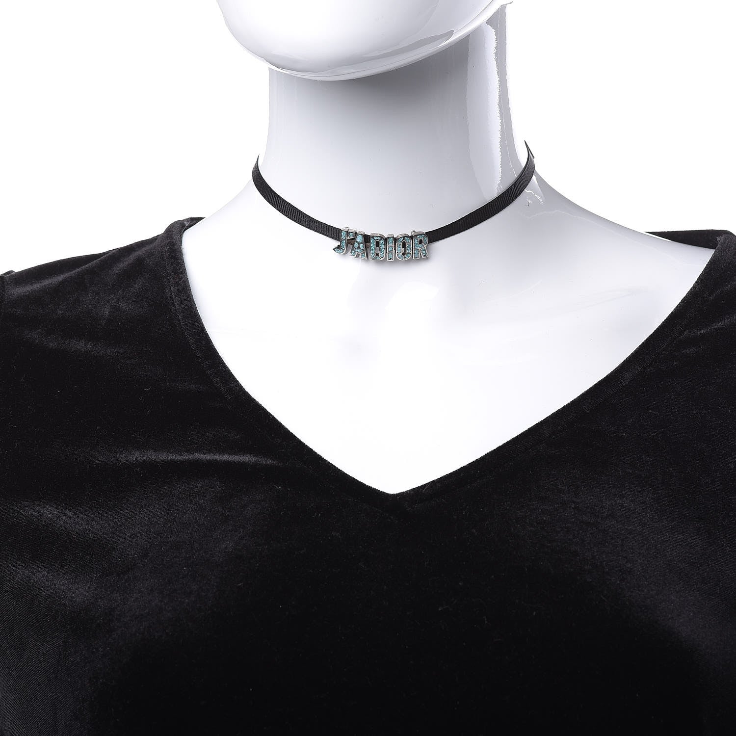 Christian Dior Grosgrain Ribbon Crystal J'Adior Logo Choker Necklace Black Turquoise 2 of 4