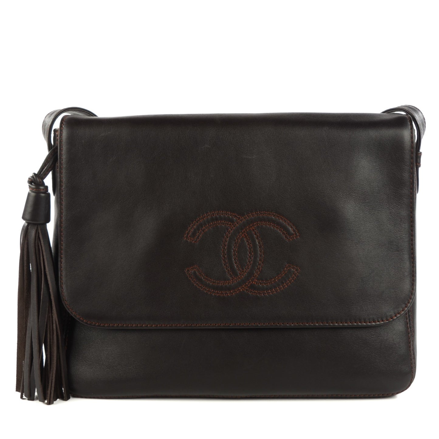 Lambskin CC Tassel Shoulder Flap Bag Brown
