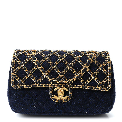 Chanel Tweed Sequin Timeless Classic Chained Double Flap Navy Blue 1 of 10